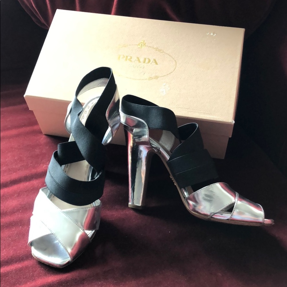 PRADA black & silver elastic strap heel sandals